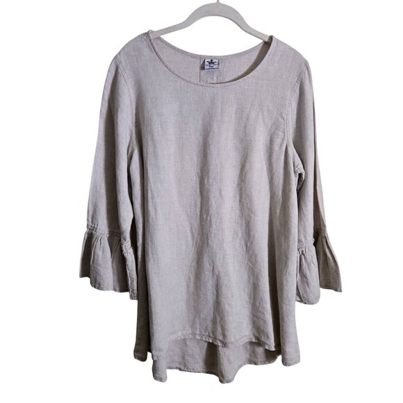 Crown Linen Designs 100% Linen Neutral Beige 3/4 Bell Sleeve Lagonlook Top Size - Picture 2 of 7
